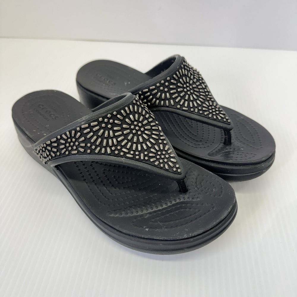 Crocs Monterey Diamante Womens Size 6 Black Thong Flip Flop Wedge Sandals 206343